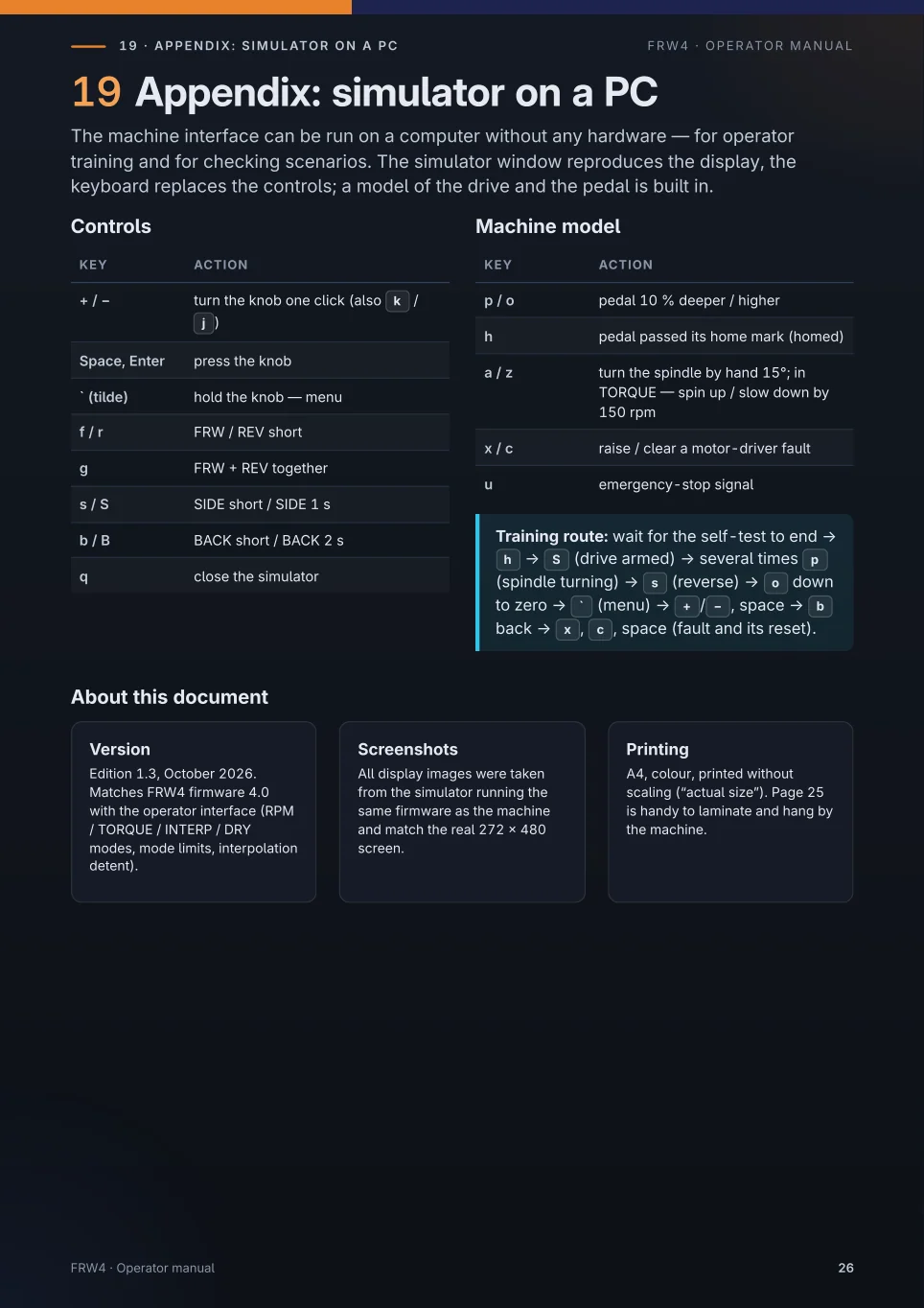Page 26 of the original FRW4 manual: PC simulator